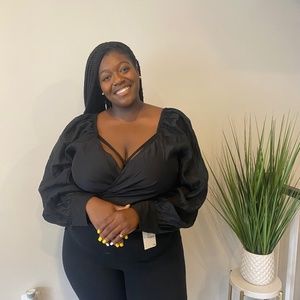 Open Edit Black Long-Sleeve Crop Top, Wrap Top